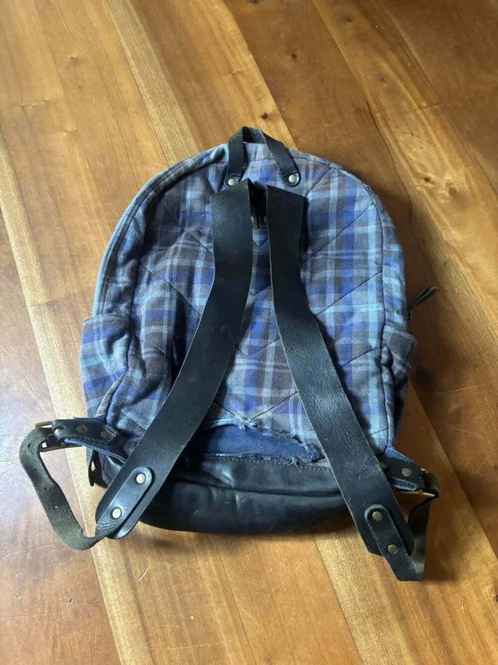 Winter Sessions Backpack Rare Distressed Made In USA Plaid Leather Blue See